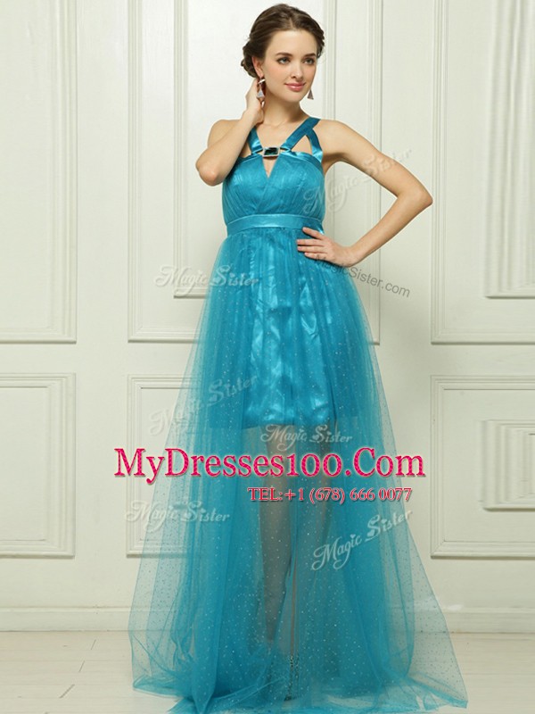 Ideal Halter Top Belt Homecoming Dress Teal Criss Cross Sleeveless With Brush Train