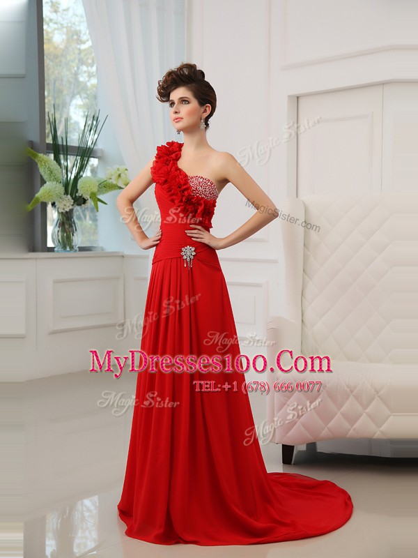 On Sale Red Zipper One Shoulder Beading and Hand Made Flower Mother Of The Bride Dress Satin Sleeveless Court Train