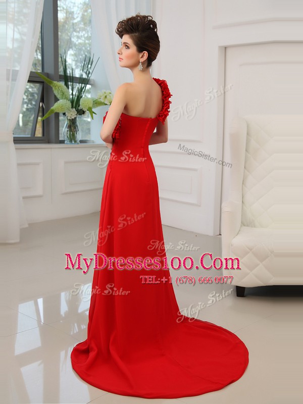 On Sale Red Zipper One Shoulder Beading and Hand Made Flower Mother Of The Bride Dress Satin Sleeveless Court Train