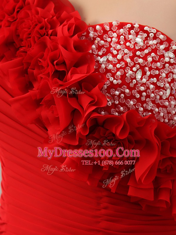 On Sale Red Zipper One Shoulder Beading and Hand Made Flower Mother Of The Bride Dress Satin Sleeveless Court Train