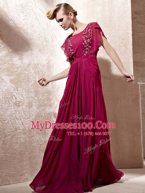 New Style Scoop Floor Length Column/Sheath Cap Sleeves Fuchsia Mother Of The Bride Dress Zipper