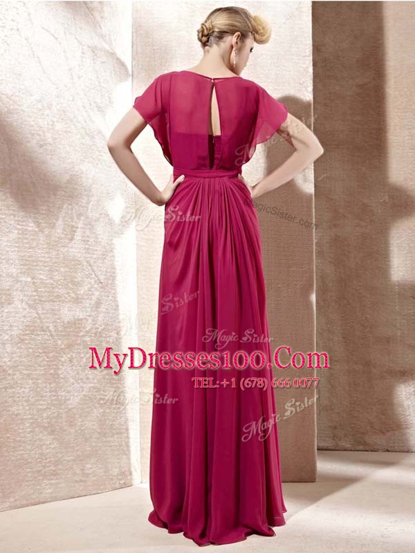 New Style Scoop Floor Length Column/Sheath Cap Sleeves Fuchsia Mother Of The Bride Dress Zipper