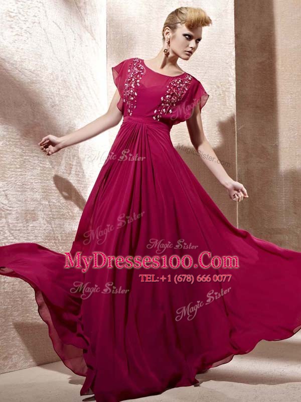 New Style Scoop Floor Length Column/Sheath Cap Sleeves Fuchsia Mother Of The Bride Dress Zipper