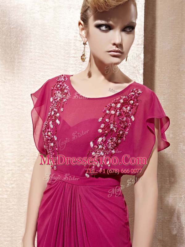 New Style Scoop Floor Length Column/Sheath Cap Sleeves Fuchsia Mother Of The Bride Dress Zipper
