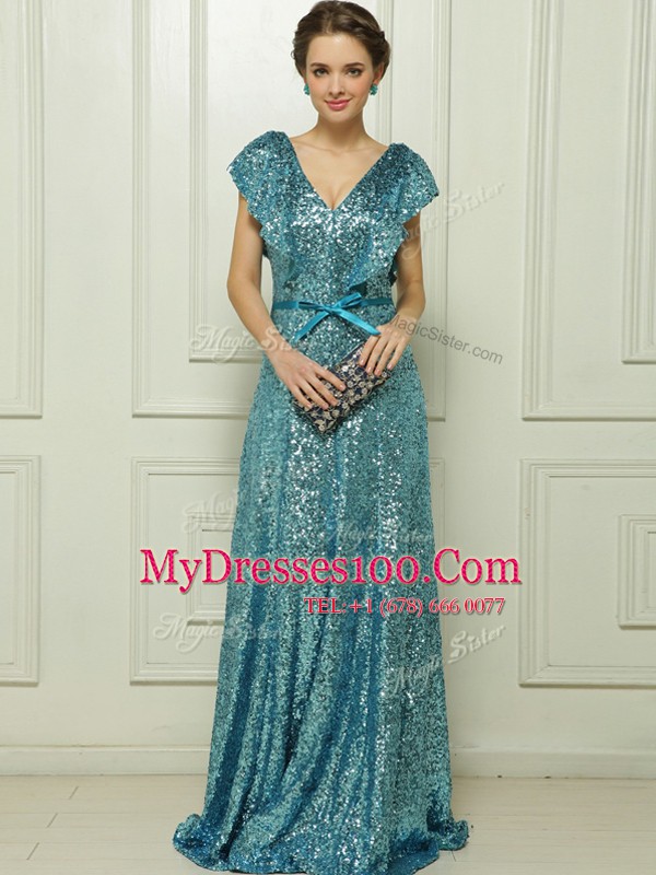 Exquisite Teal Sleeveless Floor Length Sequins and Bowknot Zipper Homecoming Dress