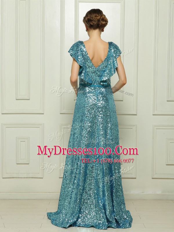 Exquisite Teal Sleeveless Floor Length Sequins and Bowknot Zipper Homecoming Dress