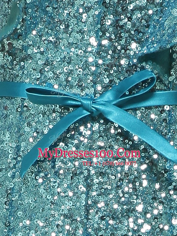 Exquisite Teal Sleeveless Floor Length Sequins and Bowknot Zipper Homecoming Dress