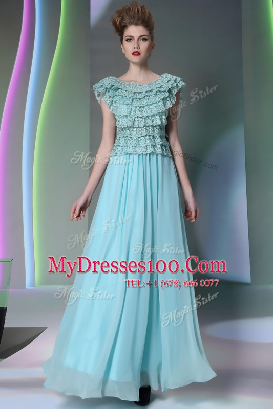 Deluxe Scoop Aqua Blue Side Zipper Mother Of The Bride Dress Lace Cap Sleeves Floor Length