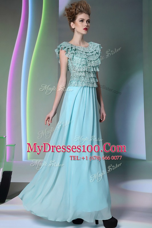 Deluxe Scoop Aqua Blue Side Zipper Mother Of The Bride Dress Lace Cap Sleeves Floor Length