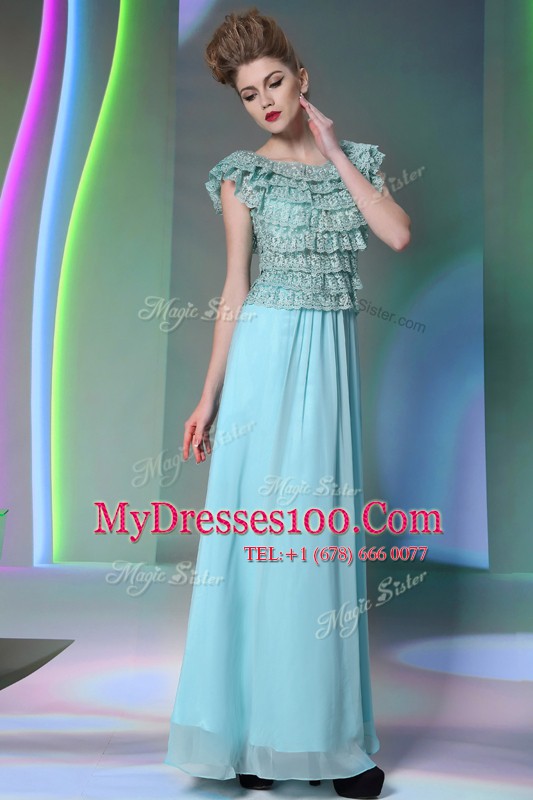 Deluxe Scoop Aqua Blue Side Zipper Mother Of The Bride Dress Lace Cap Sleeves Floor Length