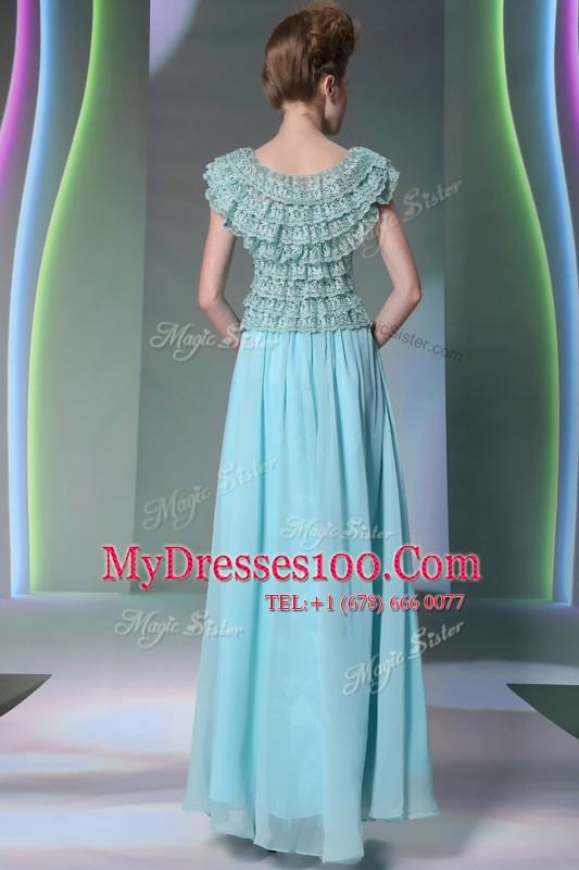 Deluxe Scoop Aqua Blue Side Zipper Mother Of The Bride Dress Lace Cap Sleeves Floor Length