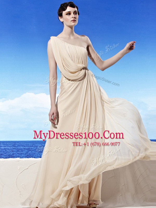 New Style Champagne Prom Party Dress Prom and Party and For with Beading and Ruching One Shoulder Sleeveless Side Zipper