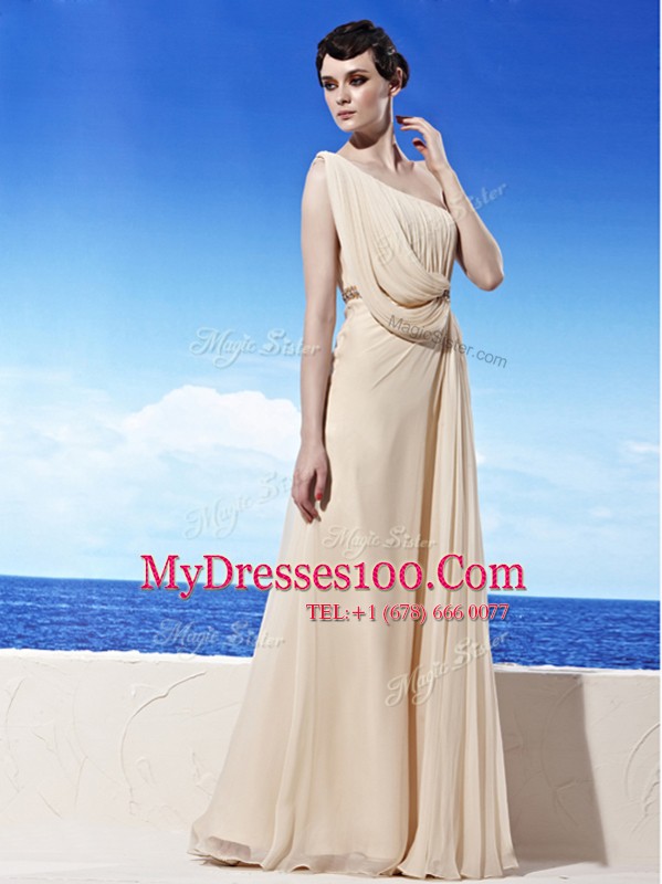 New Style Champagne Prom Party Dress Prom and Party and For with Beading and Ruching One Shoulder Sleeveless Side Zipper