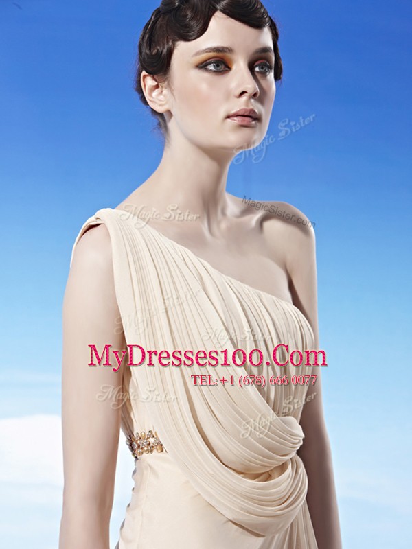 New Style Champagne Prom Party Dress Prom and Party and For with Beading and Ruching One Shoulder Sleeveless Side Zipper
