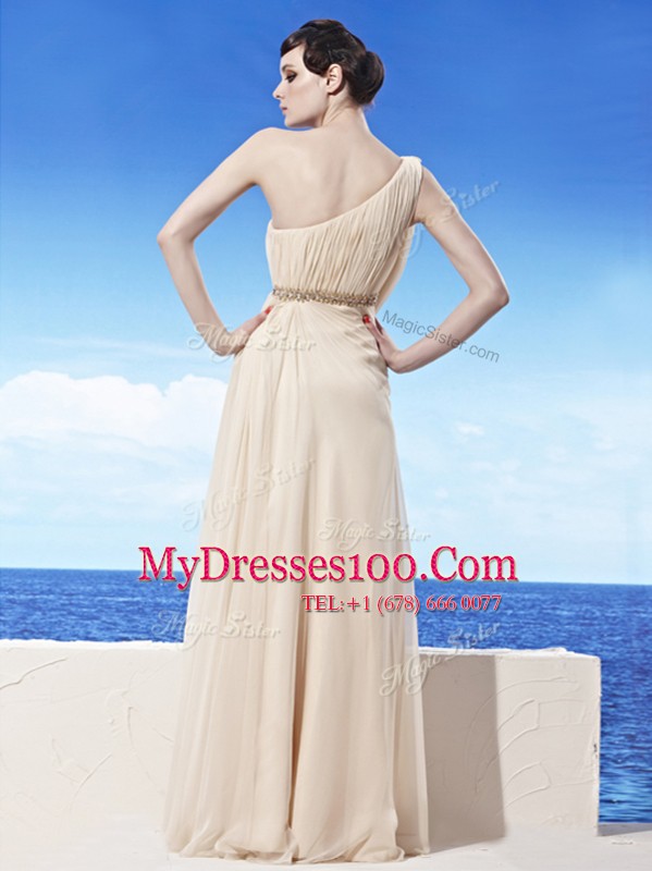 New Style Champagne Prom Party Dress Prom and Party and For with Beading and Ruching One Shoulder Sleeveless Side Zipper