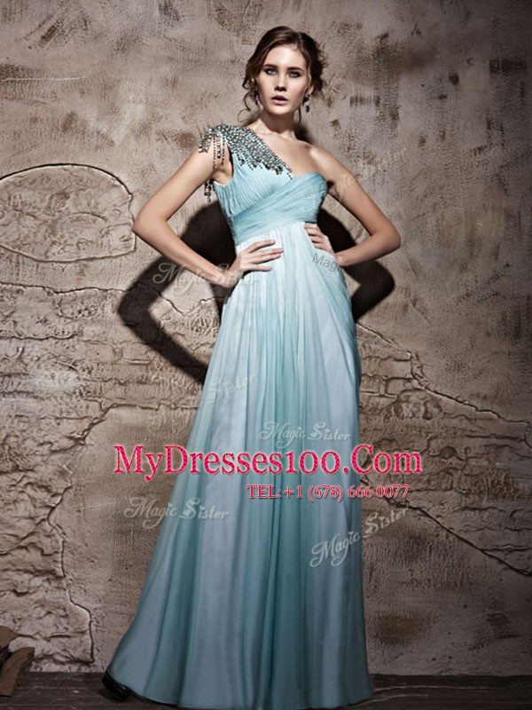 One Shoulder Light Blue Sleeveless Chiffon Side Zipper Womens Evening Dresses for Prom and Party
