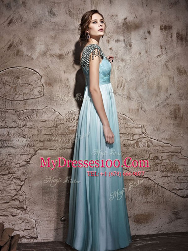 One Shoulder Light Blue Sleeveless Chiffon Side Zipper Womens Evening Dresses for Prom and Party