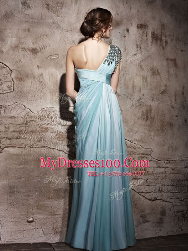 One Shoulder Light Blue Sleeveless Chiffon Side Zipper Womens Evening Dresses for Prom and Party