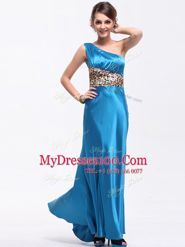 One Shoulder Sleeveless Side Zipper Prom Evening Gown Baby Blue Elastic Woven Satin