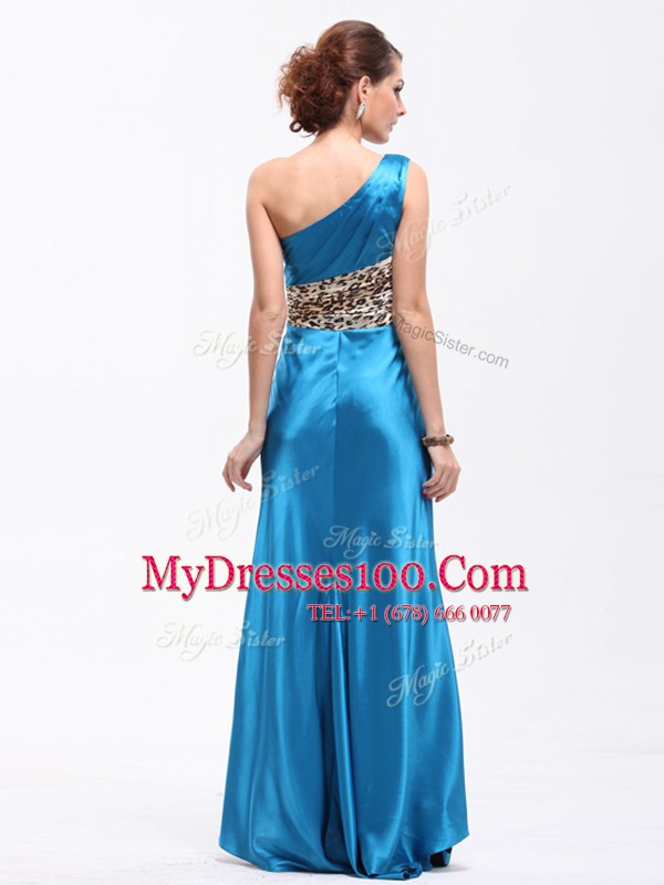 One Shoulder Sleeveless Side Zipper Prom Evening Gown Baby Blue Elastic Woven Satin