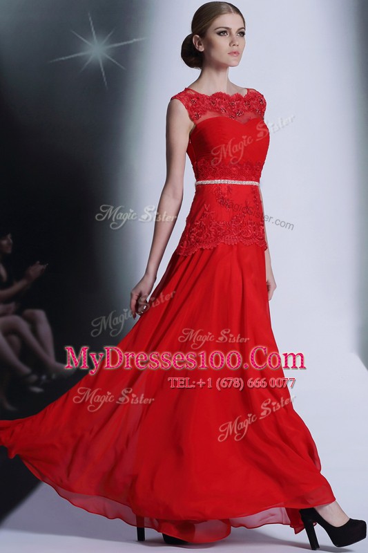 Fashion Scalloped Red Chiffon Side Zipper Mother Of The Bride Dress Sleeveless Floor Length Beading and Lace