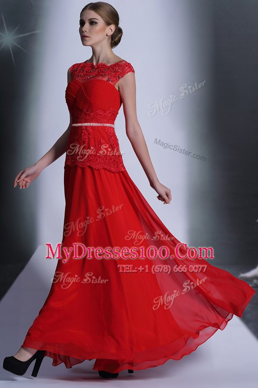 Fashion Scalloped Red Chiffon Side Zipper Mother Of The Bride Dress Sleeveless Floor Length Beading and Lace
