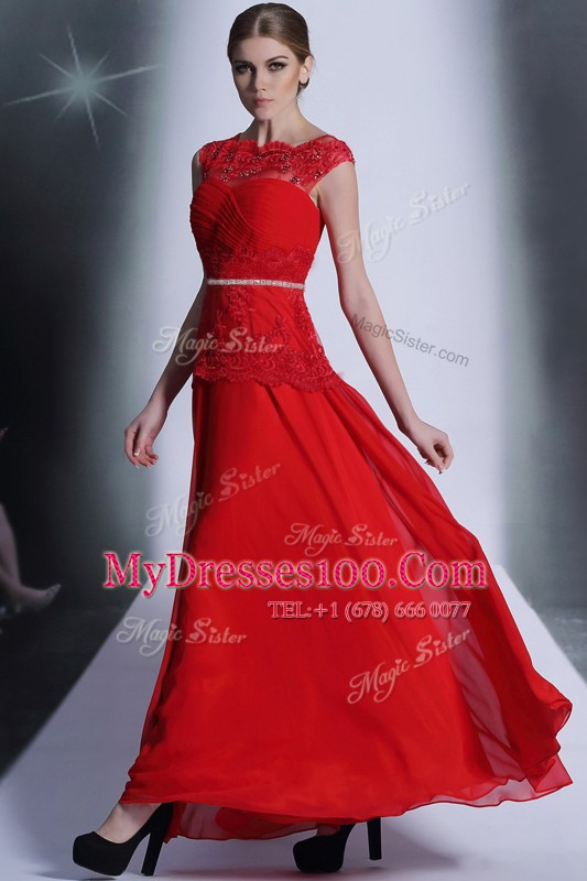 Fashion Scalloped Red Chiffon Side Zipper Mother Of The Bride Dress Sleeveless Floor Length Beading and Lace
