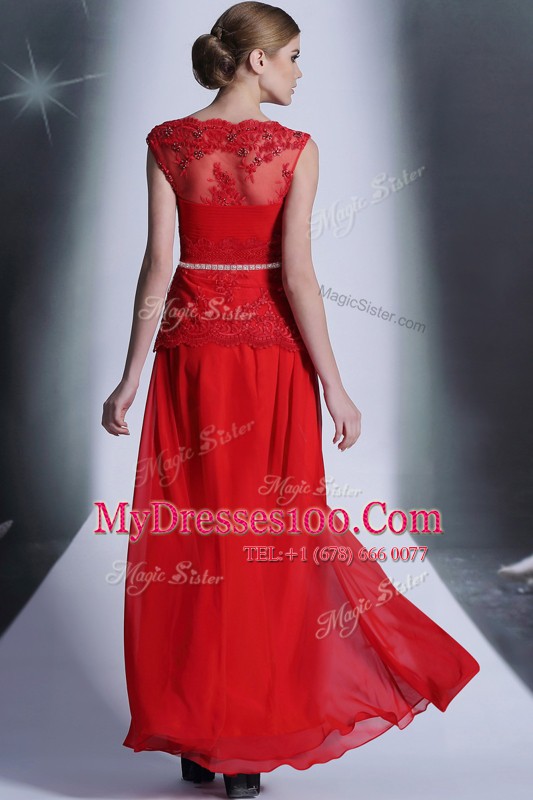 Fashion Scalloped Red Chiffon Side Zipper Mother Of The Bride Dress Sleeveless Floor Length Beading and Lace