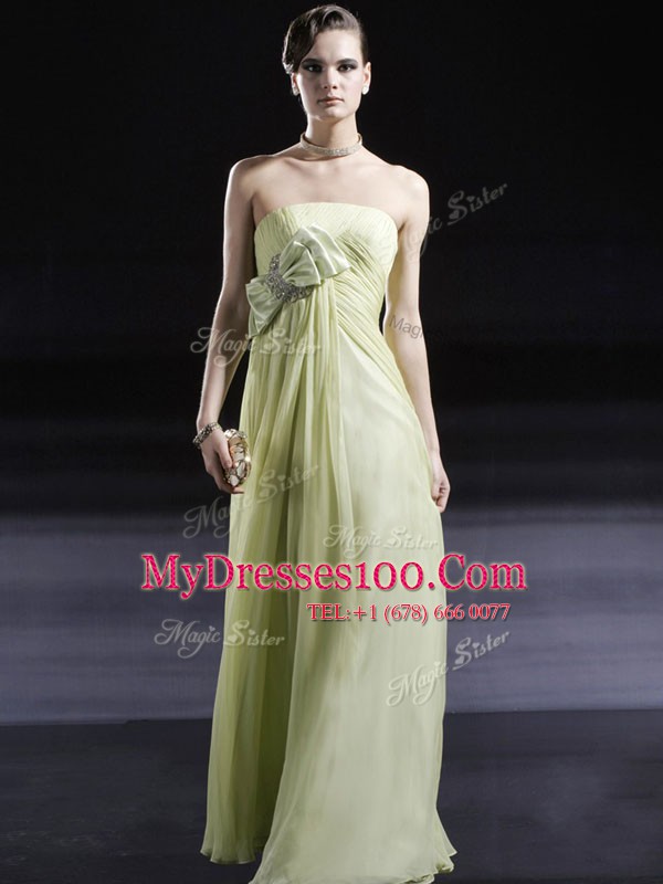 Lovely Light Yellow Strapless Neckline Ruching and Bowknot Prom Gown Sleeveless Side Zipper