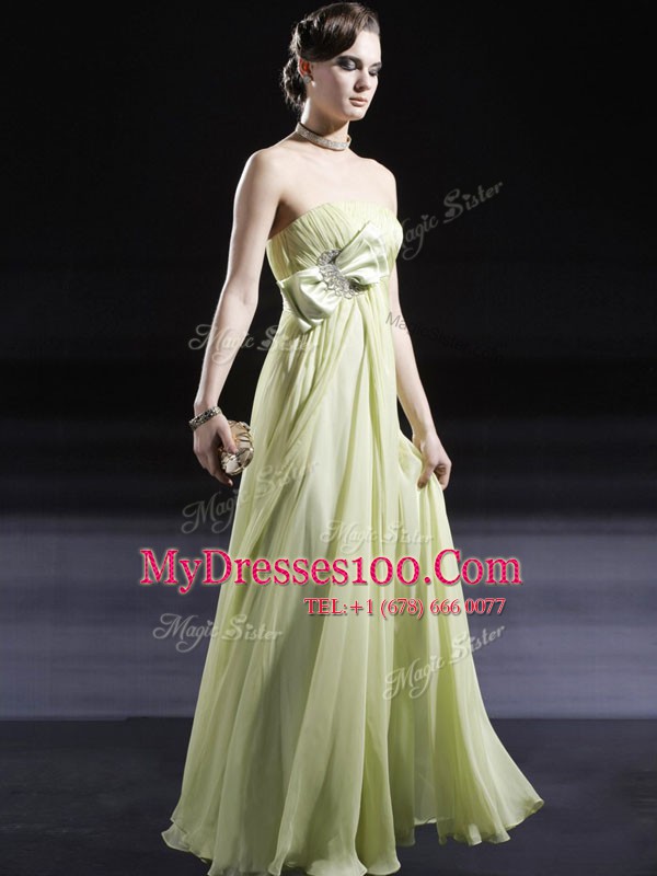Lovely Light Yellow Strapless Neckline Ruching and Bowknot Prom Gown Sleeveless Side Zipper