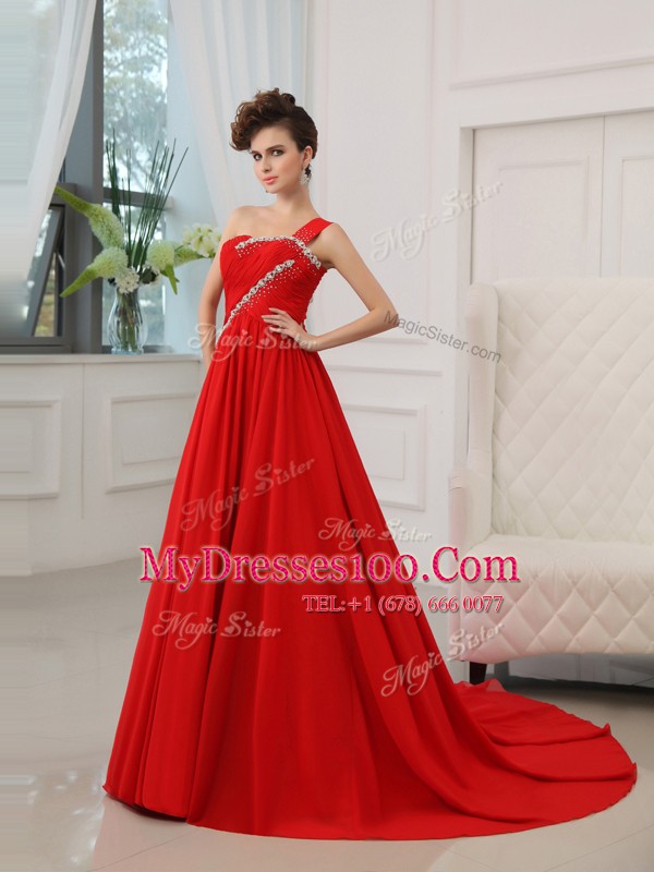 Sweet One Shoulder Ball Gowns Sleeveless Red Mother Of The Bride Dress Court Train Zipper
