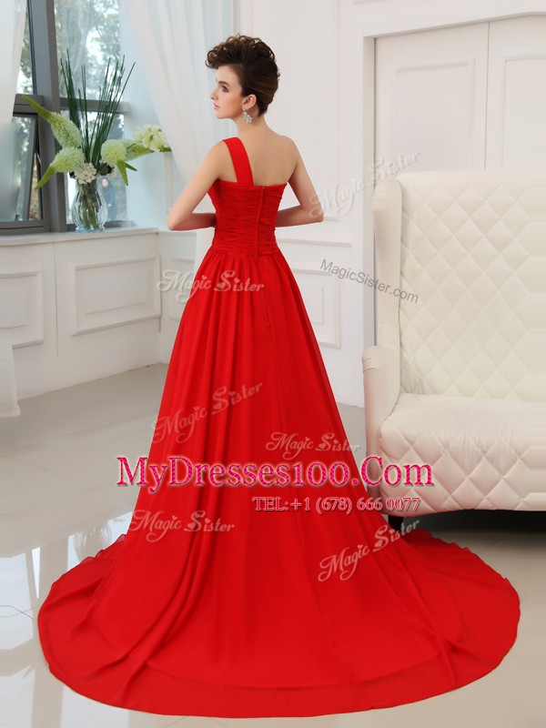 Sweet One Shoulder Ball Gowns Sleeveless Red Mother Of The Bride Dress Court Train Zipper