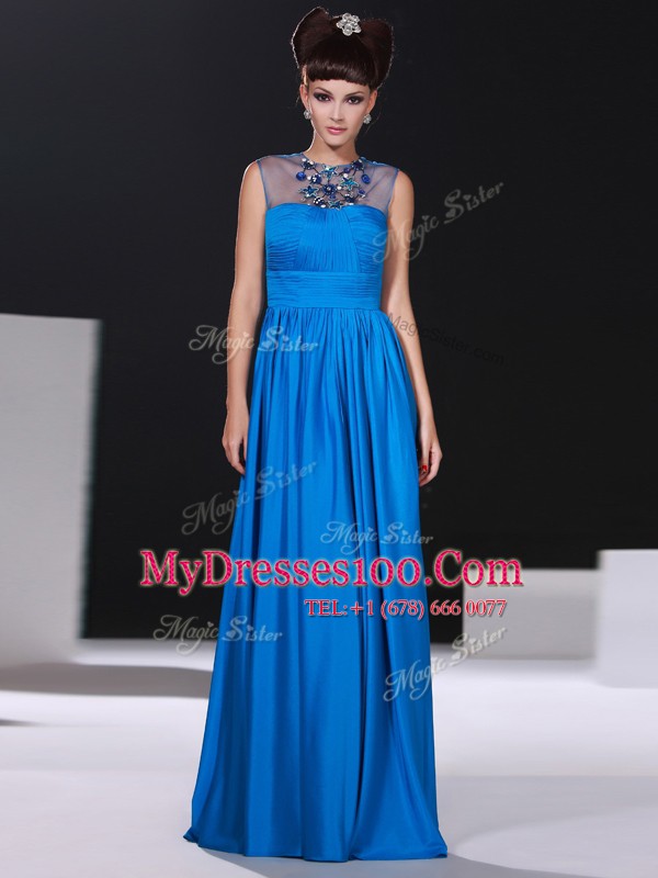 Enchanting Scoop Blue Silk Like Satin Zipper Sleeveless Floor Length Beading and Ruching