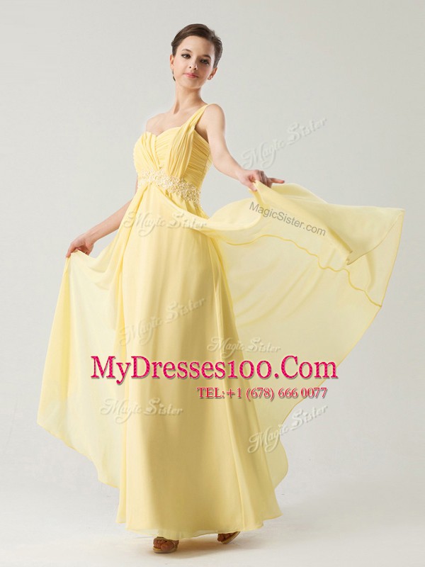 One Shoulder Ankle Length Light Yellow Going Out Dresses Chiffon Sleeveless Beading and Ruching