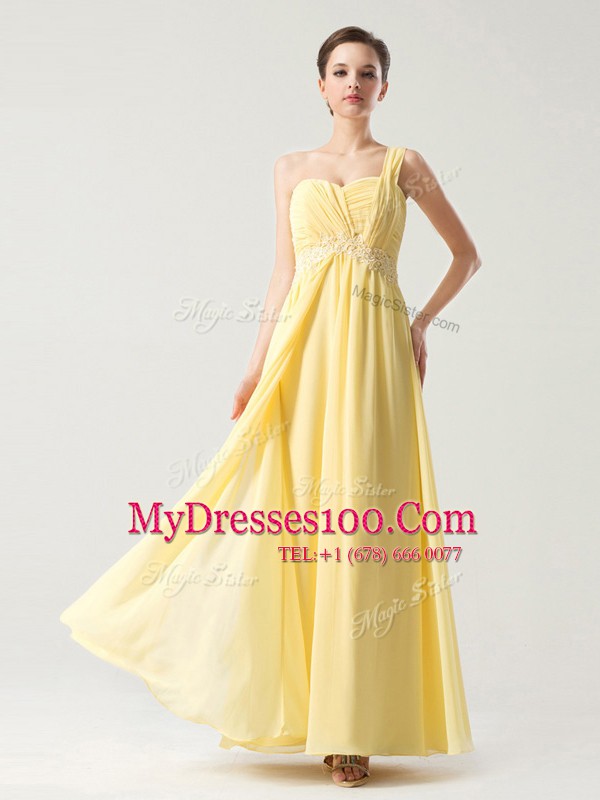 One Shoulder Ankle Length Light Yellow Going Out Dresses Chiffon Sleeveless Beading and Ruching