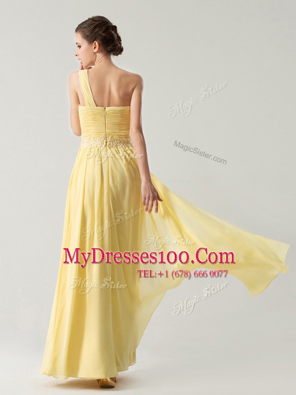 One Shoulder Ankle Length Light Yellow Going Out Dresses Chiffon Sleeveless Beading and Ruching