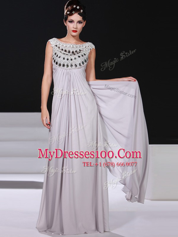 Silver Side Zipper Bateau Beading and Lace Prom Dress Chiffon Sleeveless