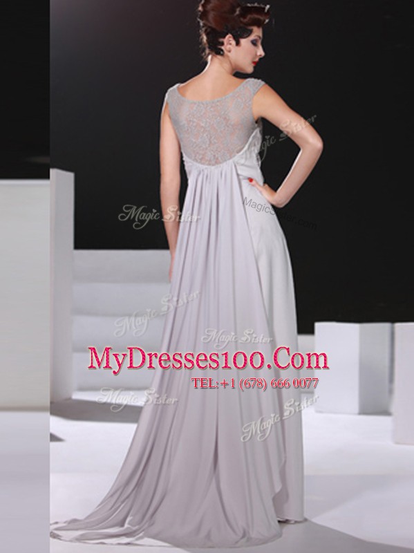 Silver Side Zipper Bateau Beading and Lace Prom Dress Chiffon Sleeveless