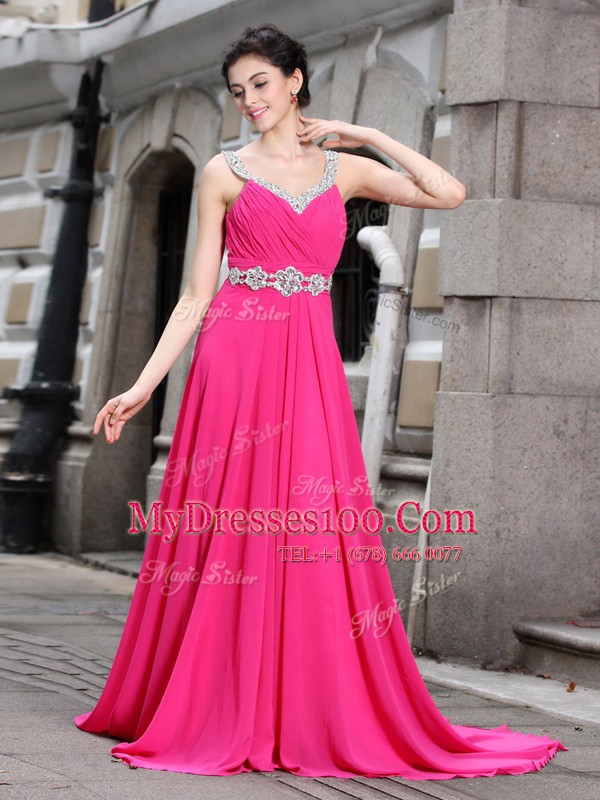 Best Selling Chiffon Sleeveless Dress for Prom Brush Train and Beading