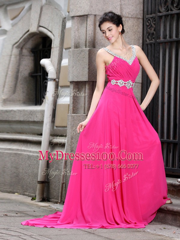 Best Selling Chiffon Sleeveless Dress for Prom Brush Train and Beading