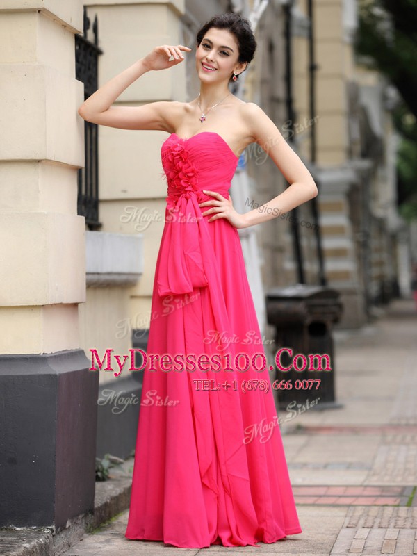 Sleeveless Zipper Floor Length Sashes ribbons and Ruching and Hand Made Flower Dress for Prom