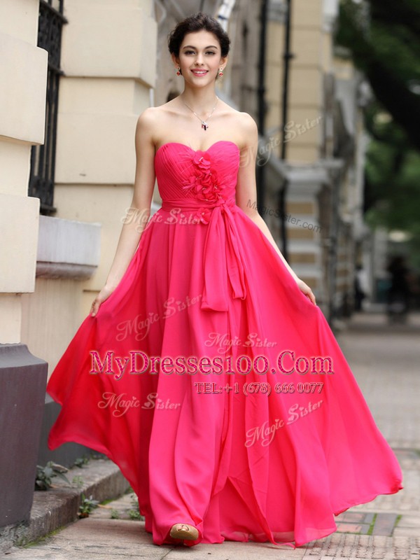 Sleeveless Zipper Floor Length Sashes ribbons and Ruching and Hand Made Flower Dress for Prom