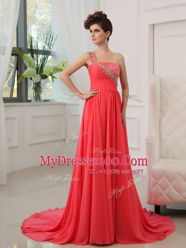 One Shoulder Watermelon Red Sleeveless Brush Train Beading With Train Mother Of The Bride Dress