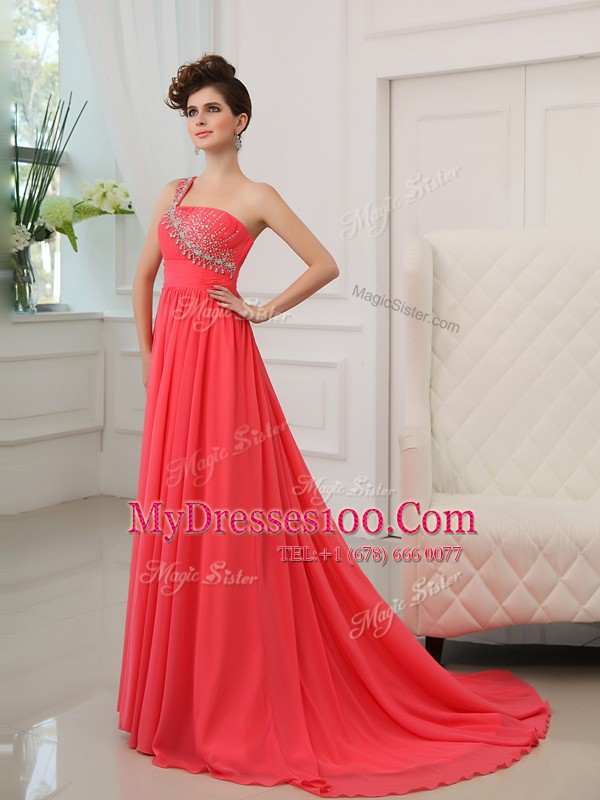 One Shoulder Watermelon Red Sleeveless Brush Train Beading With Train Mother Of The Bride Dress