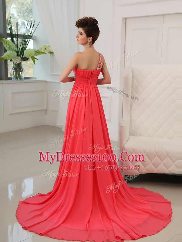 One Shoulder Watermelon Red Sleeveless Brush Train Beading With Train Mother Of The Bride Dress