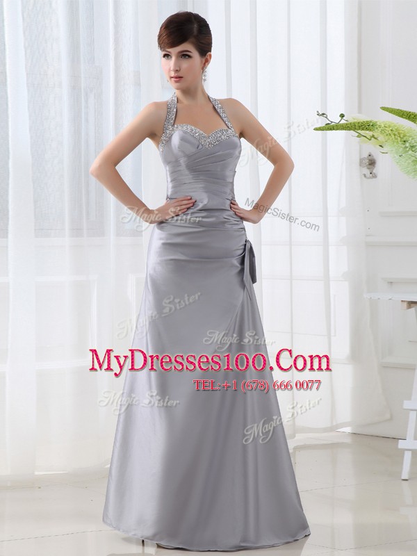 Stylish Halter Top Grey Sleeveless Satin Lace Up for Prom and Party