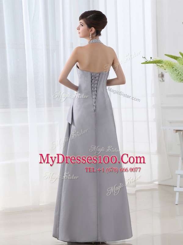 Stylish Halter Top Grey Sleeveless Satin Lace Up for Prom and Party