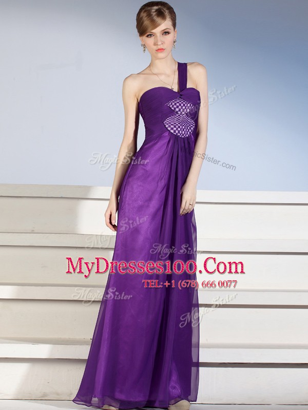 Shining One Shoulder Purple Sleeveless Floor Length Ruching and Bowknot Zipper Homecoming Dress