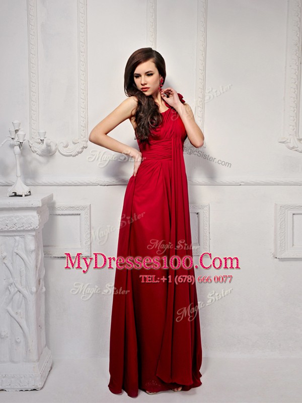 One Shoulder Sleeveless Side Zipper Prom Gown Wine Red Chiffon