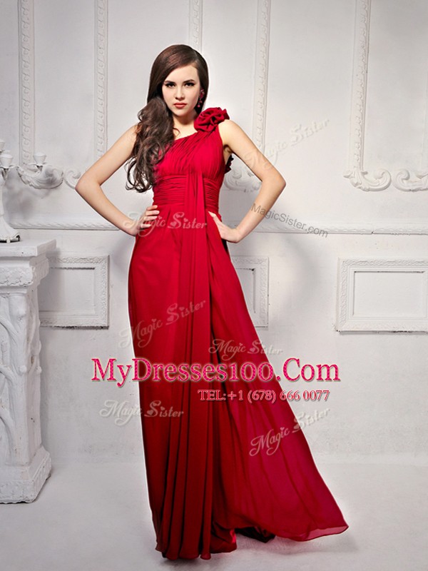 One Shoulder Sleeveless Side Zipper Prom Gown Wine Red Chiffon